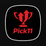 Pick11 game latest download popular game logo with red trophy icon on black background and white border